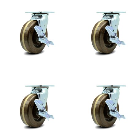 Service Caster 6 Inch High Temp Phenolic Swivel Caster Set with Roller Bearings and Brakes SCC SCC-30CS620-PHRHT-TLB-4